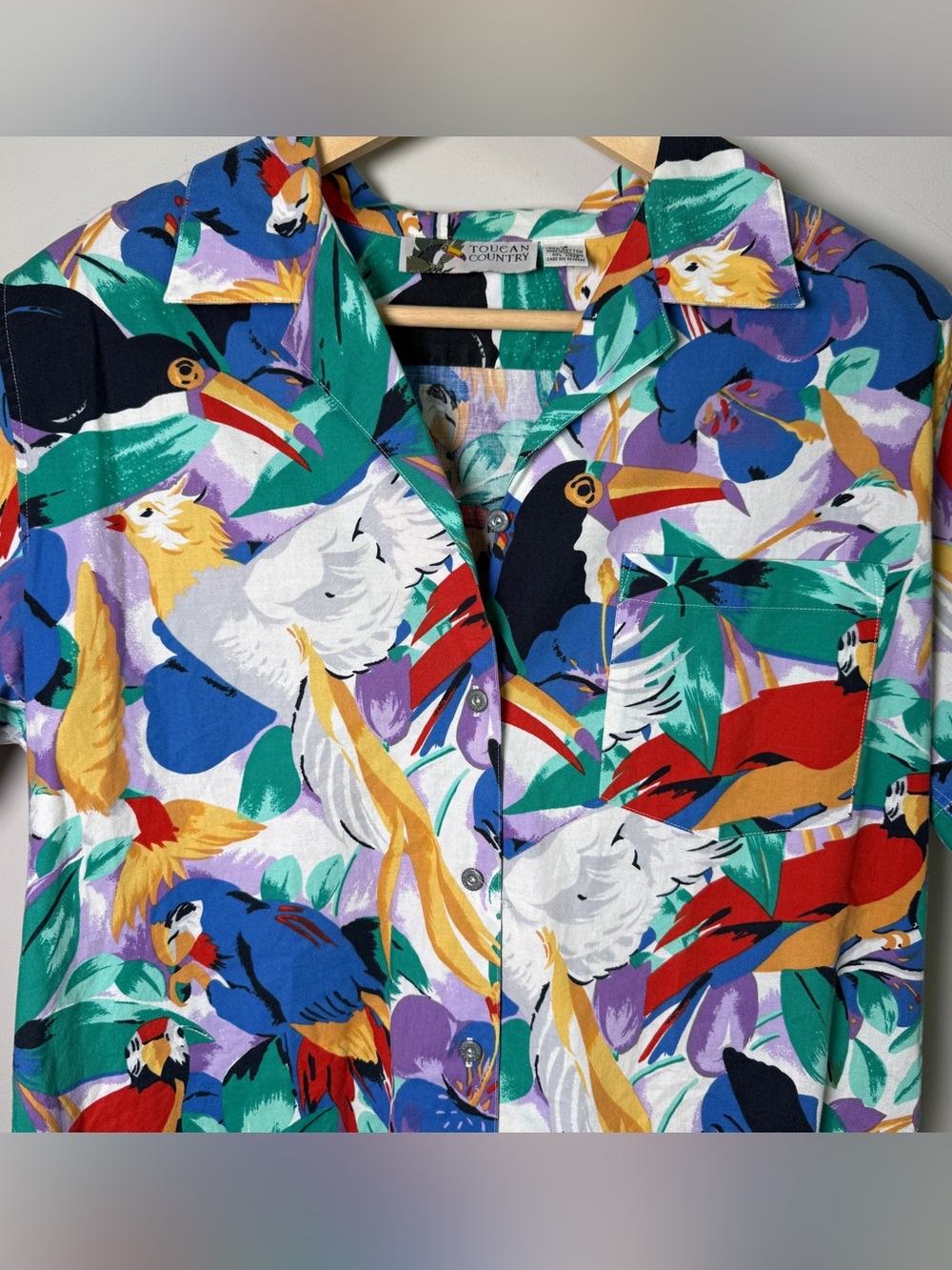VTG Toucan Country 80s Tropical Retro Bird Print Cotton Vacay Blouse | Size 12 - Picture 2 of 10